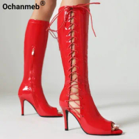 Ochanmeb Bright Red White Knee-High Peep Toe Boots Women Side Cross-tied Zipper Shoes Spring Summer High-Heeled Boot Big Size 48