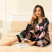 Long Floral Silk Pajama Set For Women Mulberry Silk Sleepwear Women's pajamas set Ladies Silk Pjs home clothes pajama sets