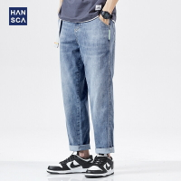 漢斯卡淺藍色牛仔褲男夏季薄款寬松直筒潮流百搭冰氧吧九分褲子男