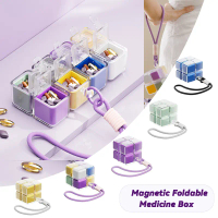 Kotak Pil,Magic Cube Medicine Box Pill Organizer Box Magnetic 8 Grids Travel 7-Day Medicine Storage 