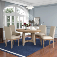 Modern 5-Piece Farmhouse Dining Table Set,Wood Round Extendable Dining Table and 4 Upholstered Dining Chairs Use For Dining Room