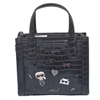【KARL LAGERFELD 卡爾】KL 新款老佛爺 貓咪 愛心 鱷魚紋托特包斜背包手提包(黑色/母親節送禮)