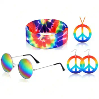 5pcs Hippie Accessories Costume,70s Hippie Rainbow Leopard Outfit,Hippie Headbands for Men Peace Sign Necklace Sunglasses