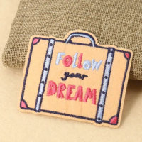 2PC Cartoon Suitcase Container English Word Follow Your Dream Stereoscopic Effect Embroidery Iron on Patch Applique Sewing Decor
