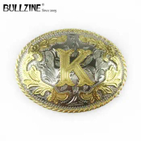 The Bullzine western flower with letter "K" belt buckle with silver and gold finish FP-03702-K for 4cm width snap on belt