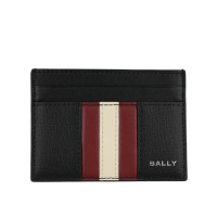 【BALLY】Mythos 再生皮革紅白條紋卡片夾/名片夾(黑色)