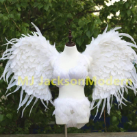 sexy handmade white ANGEL wings with Bright diamond feather bra shorts cosplay costume Pure women Dance Wedding Party nice