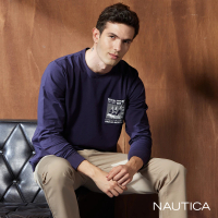 【NAUTICA】男裝 品牌帆船印花口袋長袖T恤(藍)