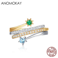 Anomokay European &amp; American Creative Colorblock Gold Color Ring 925 Sterling Silver Hipster Tail Ring Shinny Green Blue CZ Ring