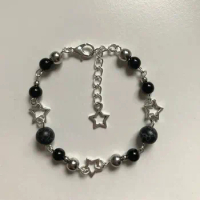 Y2K Star beaded bracelet, Black bead handmade bracelet