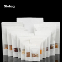 StoBag 50pcs Kraft Paper Food Packaging Ziplock Bag White Window Sealed Stand Up for Tea Nuts Candy Dried Fruit Storage Pouches