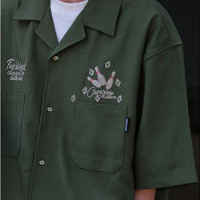 Chic Bowling Embroidered Shirt Men Women American Vintage Short Sleeve Summer Trendy Loose Hip Hop Shirt Casual Shirt Jacket