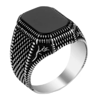 Euro-american Black Square Onyx Rings for Men Fashion Ring Natural Vintage Gem Engagement Ring Punk Bike Party Wedding Ring