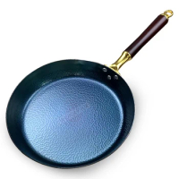 Blue Frying Pan Hammered Iron Wok Nonstick 30cm Pan Skillet,PFAS-Free,Detachable Wooden Handle,Dishwasher Safe,Oven Safe,Blue