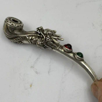Antique Miscellaneous Pure Copper Silver-Plated Cigarette Holder Single Dragon Inlaid Gem Smoking Wire Cigarette Holder Pipe