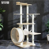 Large Cat Climbing Frame, All Solid Wood, Litter Tree Tower, Jumping Platform, Treadmill, 5-Layer