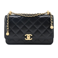 【CHANEL 香奈兒】Mini Flap Bag 雙C LOGO雙金球小牛皮肩背/斜背包(黑色)