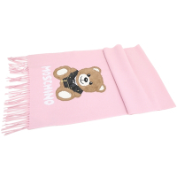 MOSCHINO 皮衣毛絨泰迪熊粉色美麗諾羊毛流蘇圍巾(180x37)