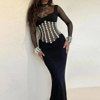 High Quality Sexy Women Long Sleeve Big Crystal Bodycon Bandage Long Dress Bodycon Celebrate Party Cocktail Evening Dress