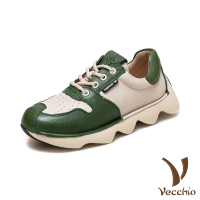 【Vecchio】真皮運動鞋 牛皮運動鞋/全真皮頭層牛皮寬楦舒適復古拚色休閒運動鞋 阿甘鞋(綠)