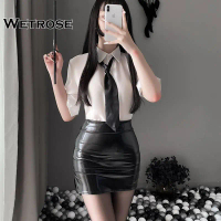 New 【Wetrose】New Sexy Lady Secretary Sekretaris Uniform Hot Suspenders Leather Mini-Skirt Nightdress