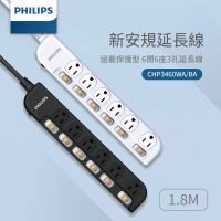 【Philips 飛利浦】台灣製 6切6插 1.8米延長線(CHP3460)