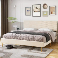 Queen Size Bed Frame with Adjustable Headboard, Velvet Upholstered Platform Bed, Solid Wood Slats Support, No Box Spring Needed
