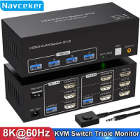 Navceker 8K 60Hz Triple HDMI USB 3.0 KVM Switch 3 Monitors 2 Computers 4K 120Hz 2x3 Triple Monitor KVM Keyboard Mouse Switcher