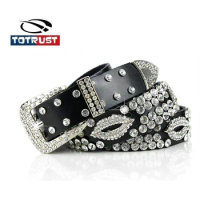 TOTRUST Wide Buckle Belt For Women Woman Vintage Rhinestone Skull Belts Second Layer Cow Skin Top Qu