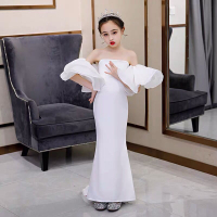 2023新品白色女童禮服主持演出小模特走秀兒童禮服氣質款