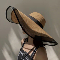 Women Sun Hat Big Eaves Waves Beach Cap Ladies Hat Big Brim Sun Visors UV Cut Bucket Panama Cap Foldable Straw Sunscreen Vintage