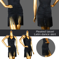 Váy Tua Rua Phòng khiêu vũ, Màu Đen Quý Cô, Váy Xếp Ly Quấn, Váy Khiêu Vũ Tango, Phong Cách Latin