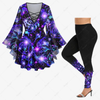Women's Glitter Sparkling Rose Flower Ombre Galaxy 3D Print Daily Casual Matching Set Flare Sleeves Top or Skinny Leggings
