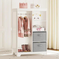 Children's wardrobe with full-length mirror, 2 storage compartments, open hanging wardrobe for children, bedroom