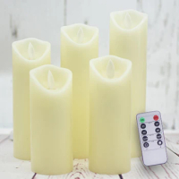 Flameless Candles LED Candles Realistic Moving Set Of 5 Ivory Battery Candles Real Wax Pillar With 10-Key Remote Control Timer-