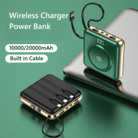 20000mAh Qi Wireless Power Bank Built in USB C Cable External Battery Charger for Samsung Xiaomi iPhone 14 13 12 Mini Powerbank