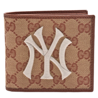 GUCCI MLB NY Yankees聯名款GG緹花帆布牛皮飾邊摺疊零錢袋短夾(棕色)