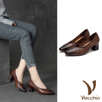 【Vecchio】真皮跟鞋 尖頭跟鞋/全真皮頭層牛皮復古擦色優雅尖頭V口高跟鞋(棕)