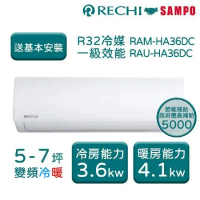 【聲寶瑞智RECHI】 HA系列 5-7坪 一級變頻冷暖分離式冷氣 RAM-HA36DC/RAU-HA36DC