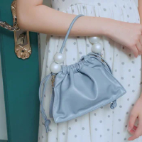 KUROYABU New Fashion Pleated Women's Pearl Handbag High Quality Fashion Mini Underarm Bag Simple Leiusre Draw Pleated Bag
