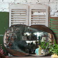 歐式復古鐵藝樹葉實木掛鏡浴室鏡工業做舊風格孤品1入