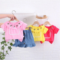 Bộ Đồ Hai Mảnh Mùa Hè Cho Bé Gái, Cổ Áo Búp Bê Dễ Thương, Ren Ngắn Tay, Áo Thêu Xếp Nhún Chân Váy Ng
