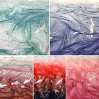 1/3/5M Chinese Retro Crane Embroidered Chiffon Fabric Gradient Ancient Style Landscape Printed Fabric For Diy Sewing Hanfu Dress
