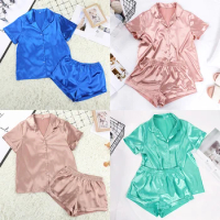 Solid Color Satin Pajamas With Shorts Sleepwear Suit Silk Pyjama For Women Short Sleeve Casual Pajama Sets Women Homewear Spring