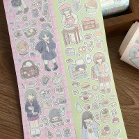 Cute Girl Character Sticker Roll Healing Daily Journal Cartoon Material Decoration DIY Wa Card