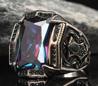 Cincin Mahkota Kotak Rainbow - Sterling Silver Mystic Topaz Stone Ring / Cincin Gaya Vintage Warna R