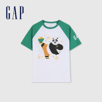 【GAP】男童裝 Gap x 功夫熊貓聯名 Logo純棉印花圓領短袖T恤-綠白撞色(890576)