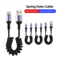 6A Short Car Spring Data Cable Retractable USB To Type C/Lightning Fast Charging Cable For iphone 15 14 Samsung Xiaomi Huawei