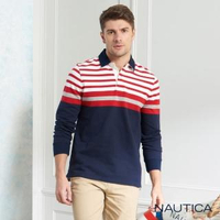 【NAUTICA】修身撞色條紋長袖POLO衫(深藍)