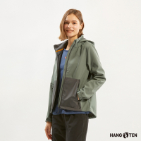 Hang Ten-女裝-恆溫多功能-防風防輕潑水可拆帽貼合軟殼刷毛撞色外套-軍綠